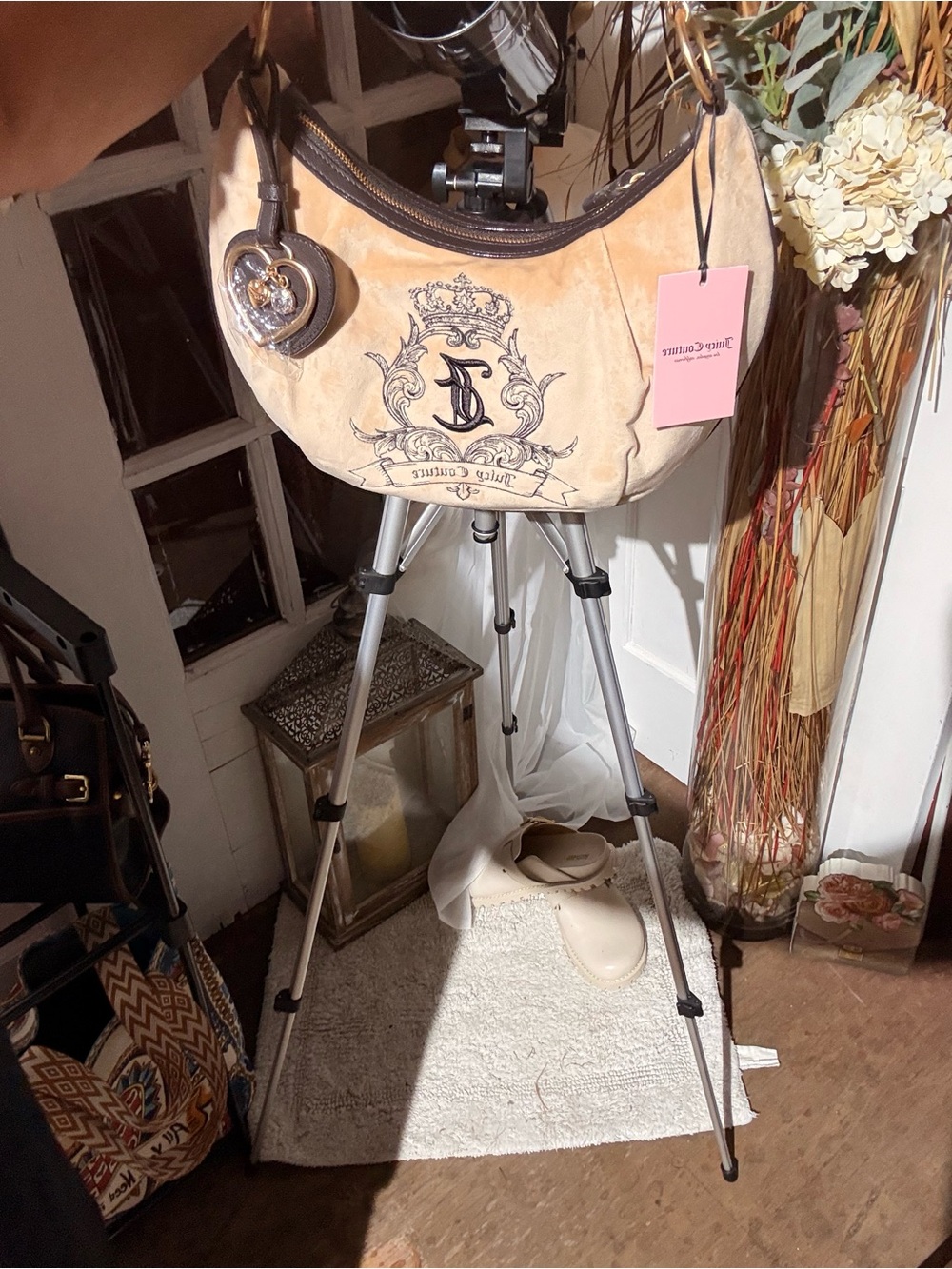 Juicy Couture Beige Velvet Crescent Shoulder Bag with Crest